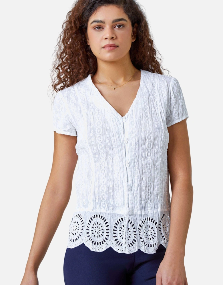 Cotton Embroidered V-Neck Crinkle Blouse