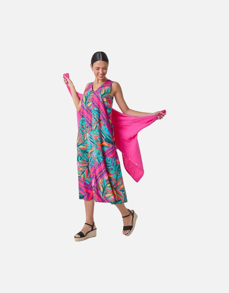 Tropical Leaf Print A-Line Midi Dress