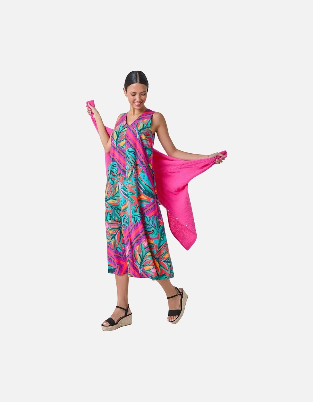 Tropical Leaf Print A-Line Midi Dress, 2 of 1