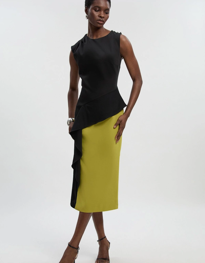 Soft Tailored Asymmetric Neck Draped Waist Detail Midi Dress