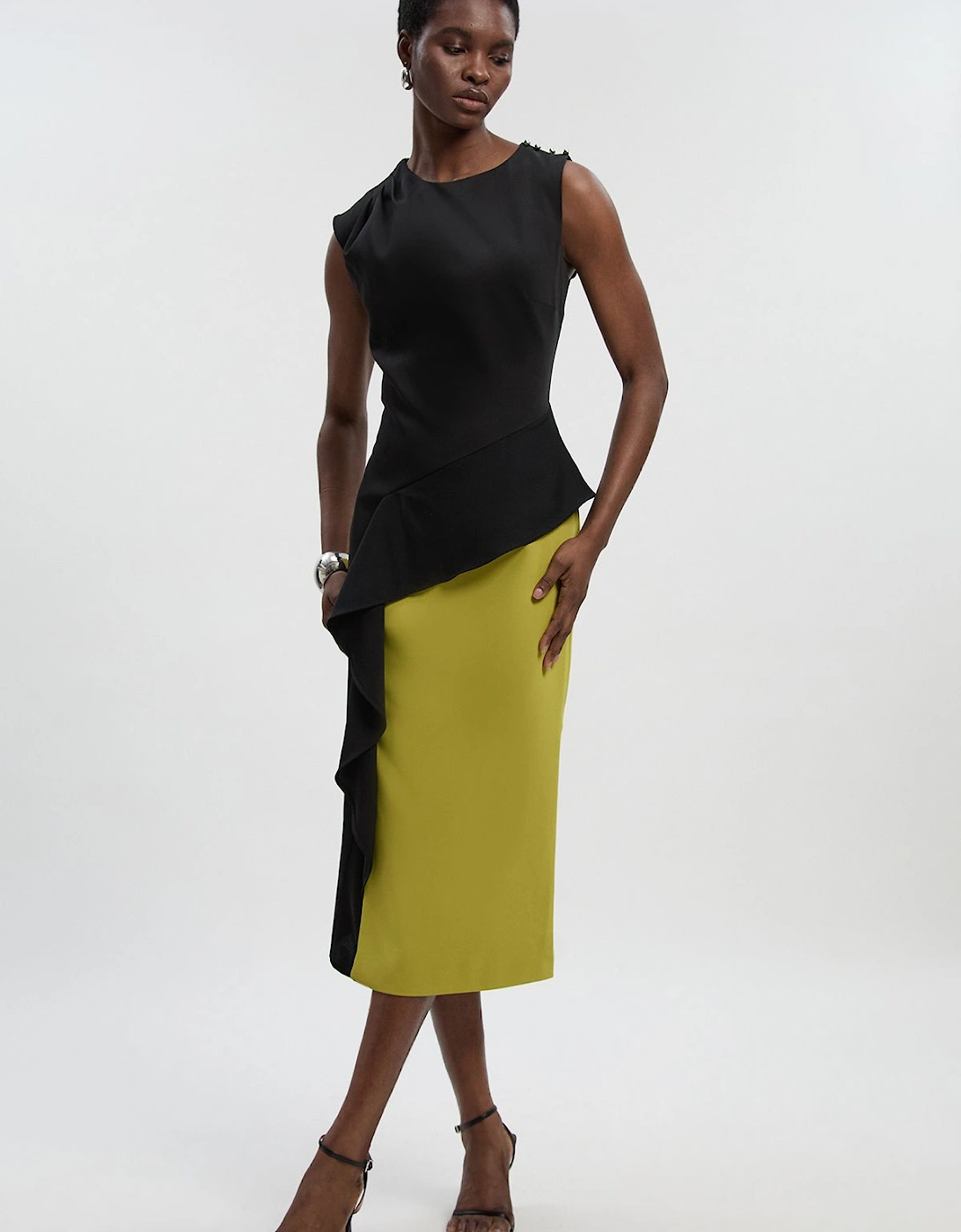 Soft Tailored Asymmetric Neck Draped Waist Detail Midi Dress, 2 of 1