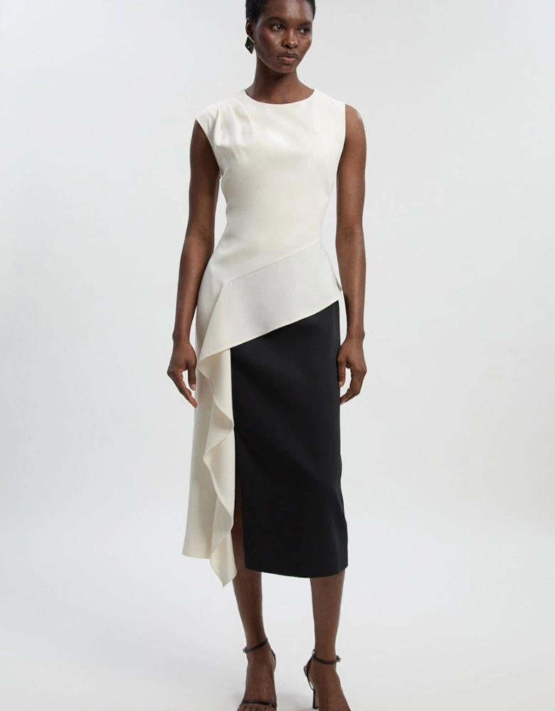 Soft Tailored Asymmetric Neck Draped Waist Detail Midi Dress