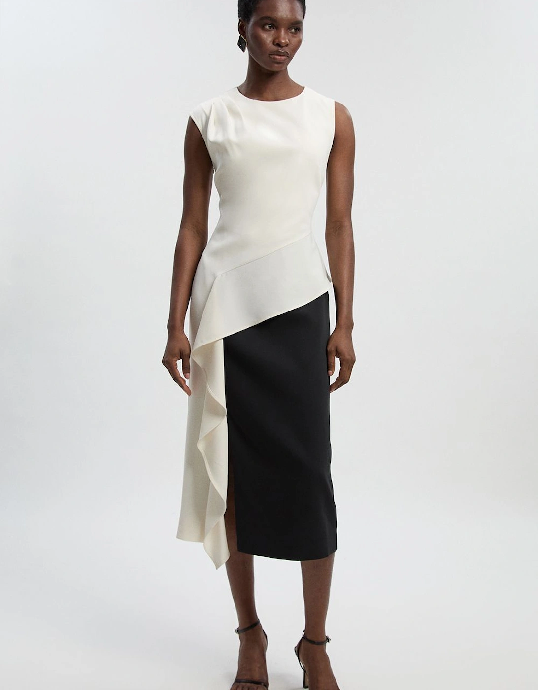 Soft Tailored Asymmetric Neck Draped Waist Detail Midi Dress, 2 of 1