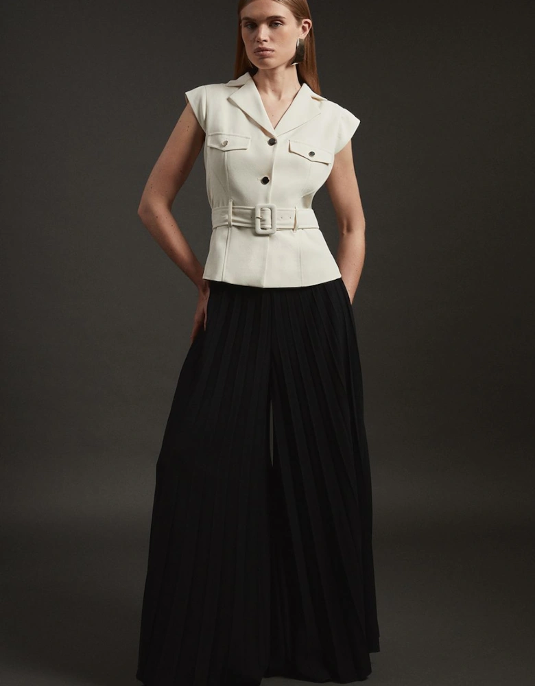 Tailored Crepe Pleated Wide Leg Belted Jumpsuit