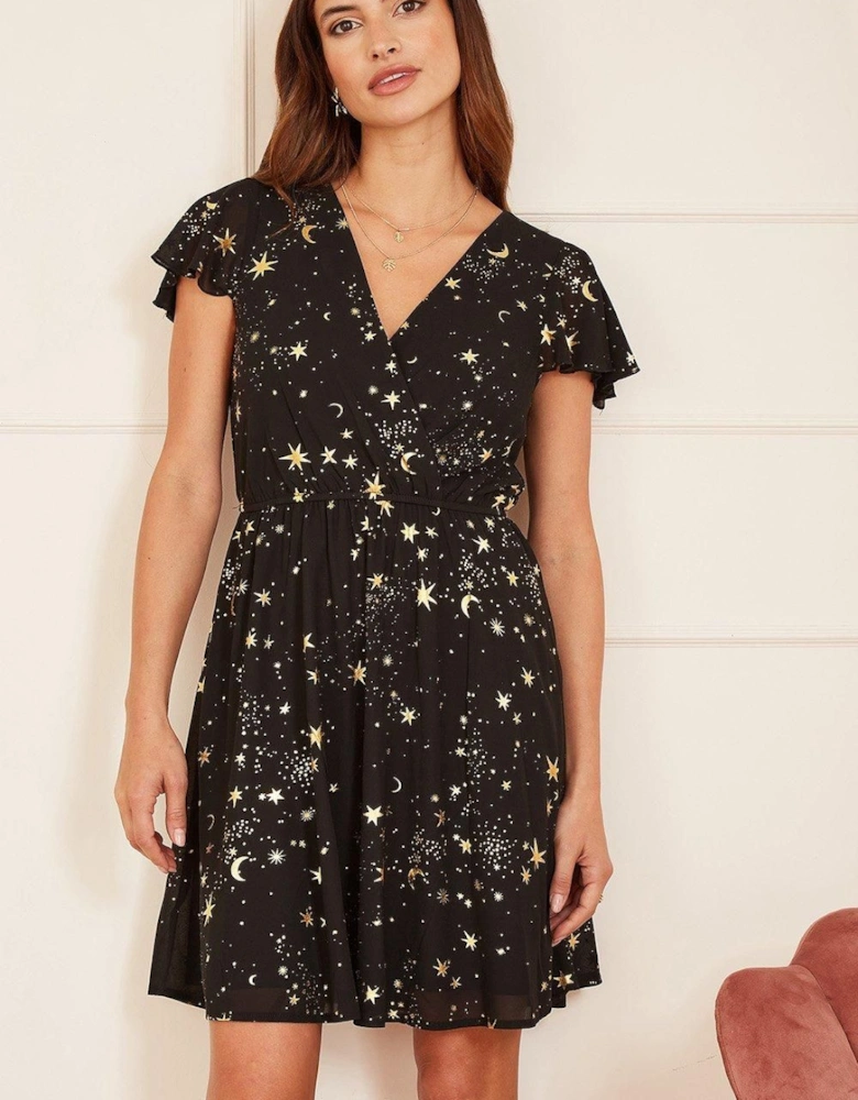 Black Foil Star Print Wrap Skater Dress
