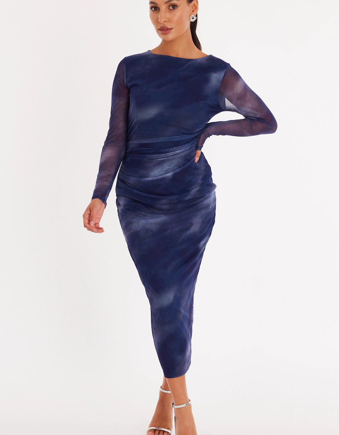 Blue Petite Printed Long Sleeve Midaxi Dress, 2 of 1