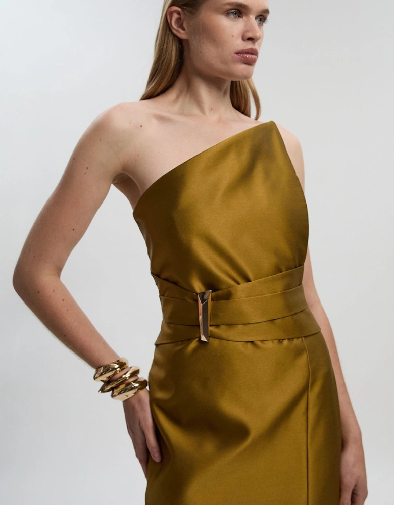 Satin Twill Trim Detail Structured Asymmetric Neck Tailored Midi Dress