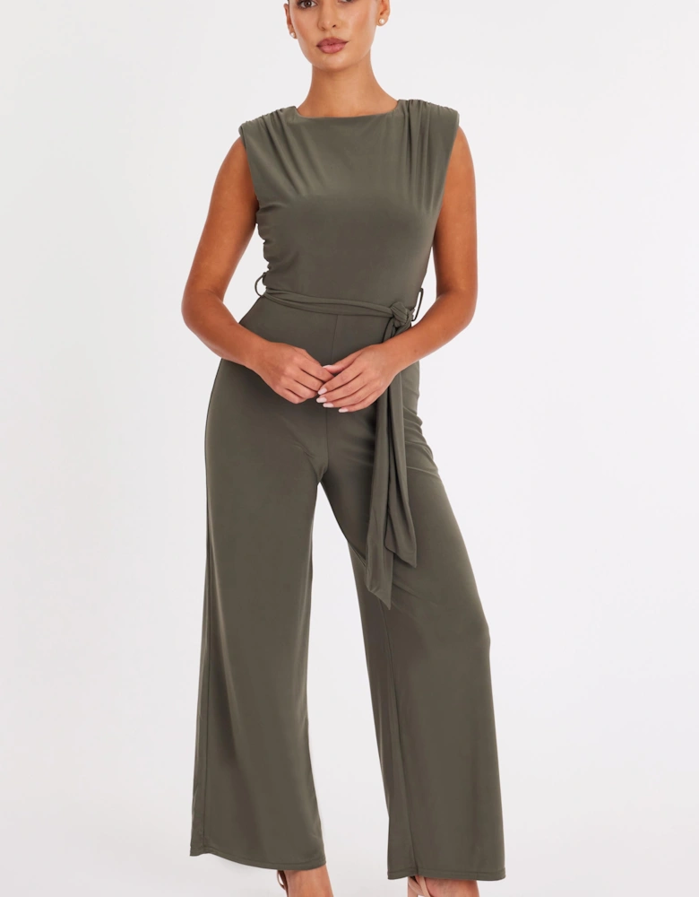 Khaki Petite Tie Waist Jumpsuit