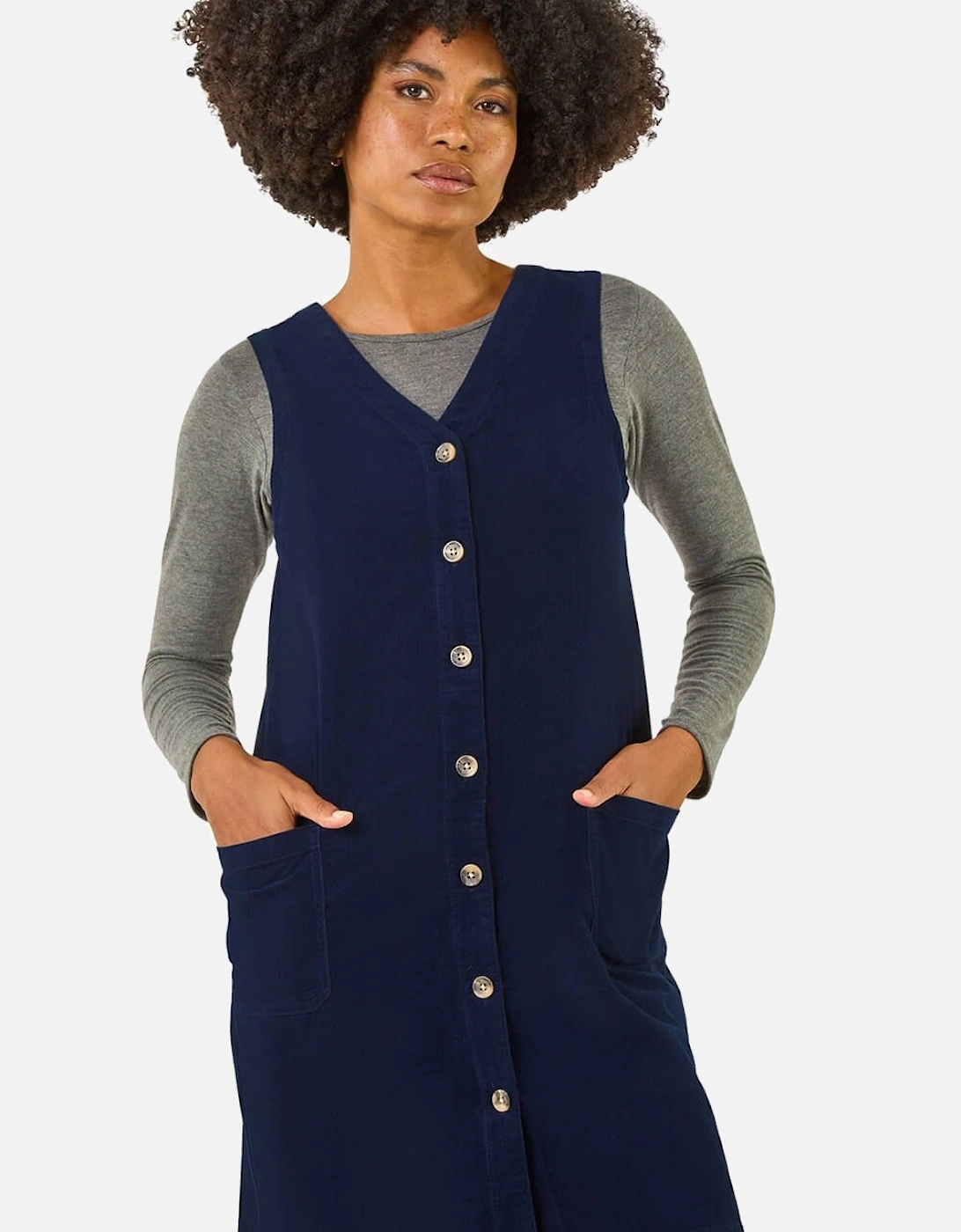 Cotton V-Neck Button Pocket Dress, 2 of 1
