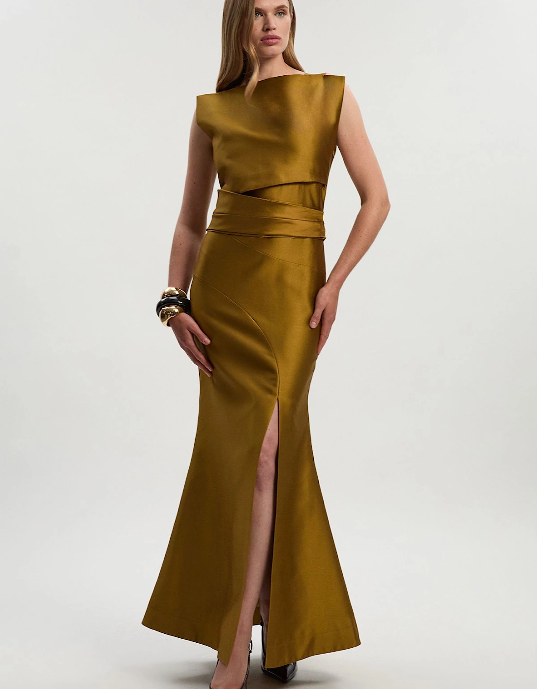 Petite Satin Twill Draped Waist Structured Tailored Maxi Dress, 2 of 1