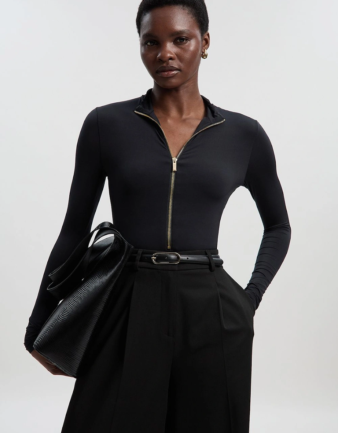 Contour Jersey High Neck Zip Detail Long Sleeve Bodysuit, 2 of 1