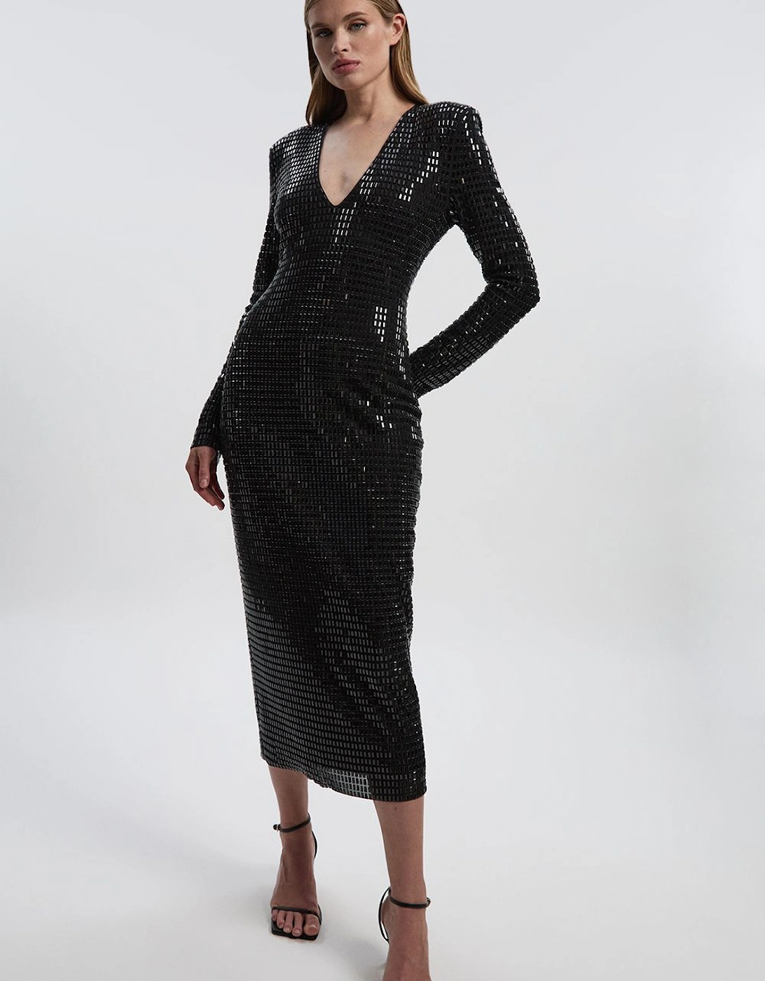 Premium Crystal Embellished Jersey Long Sleeve Plunge Neck Midi Dress, 2 of 1