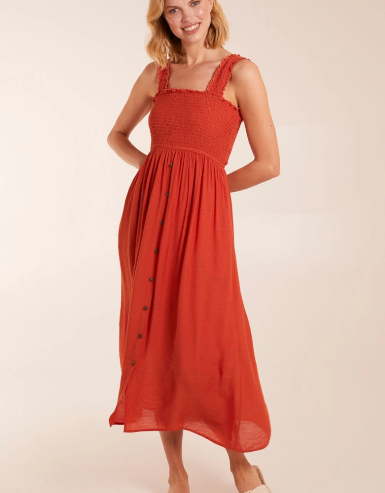 Shirred Bust Button Down Midi Dress