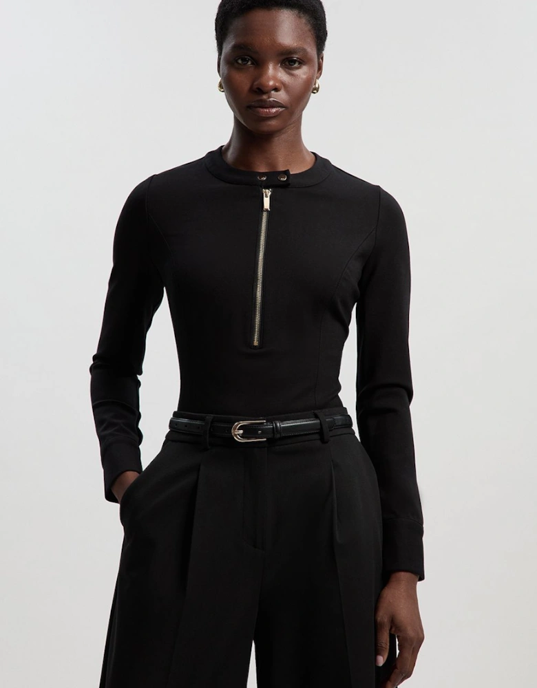Ponte Zip Trim Detail Long Sleeve Bodysuit