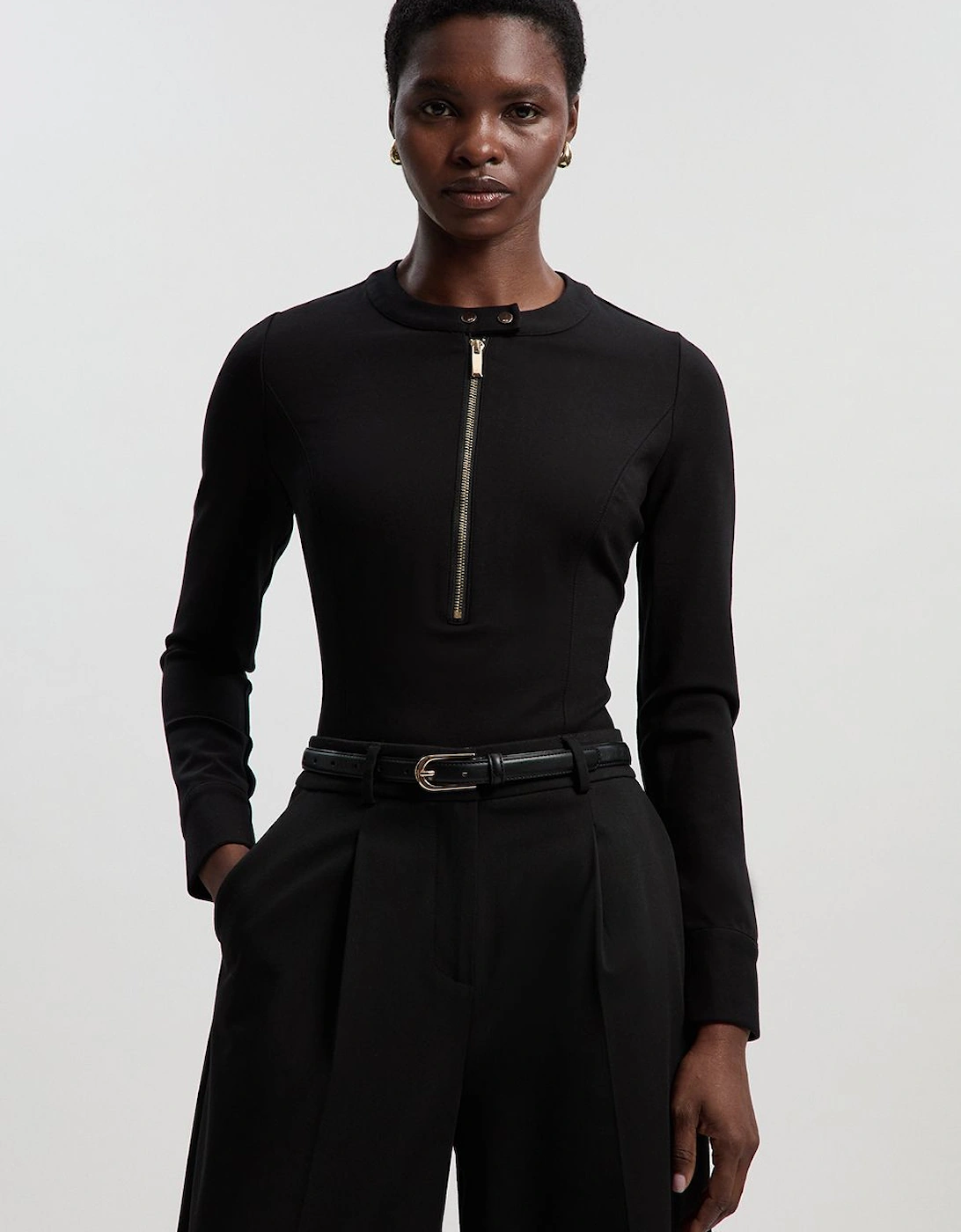 Ponte Zip Trim Detail Long Sleeve Bodysuit, 2 of 1