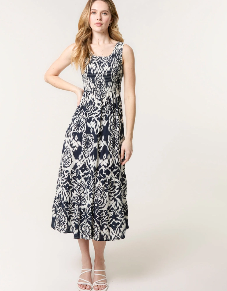 Navy Shirred Sleeveless Midi Dress