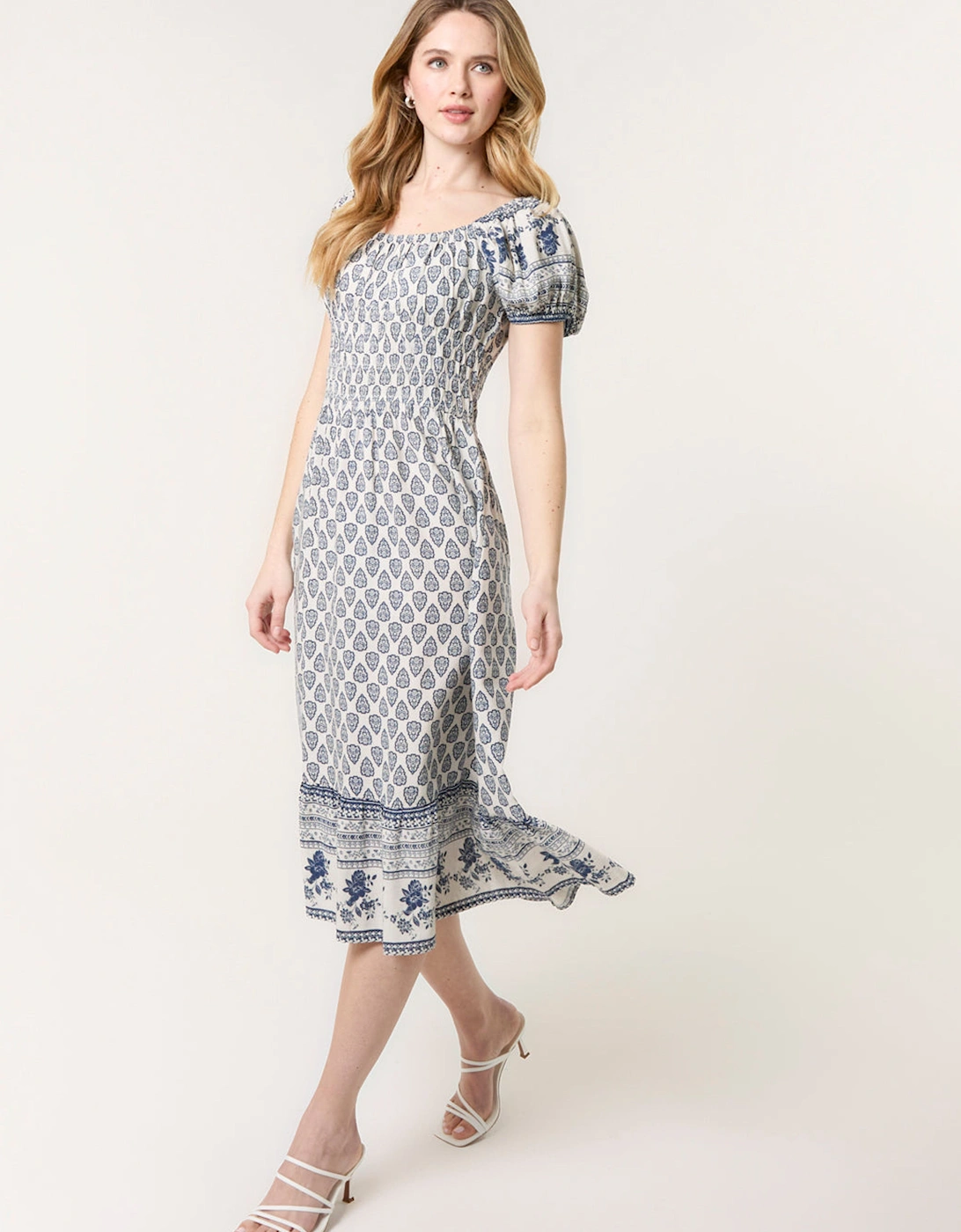 Navy Border Print Puff Sleeve Midi Dress, 2 of 1