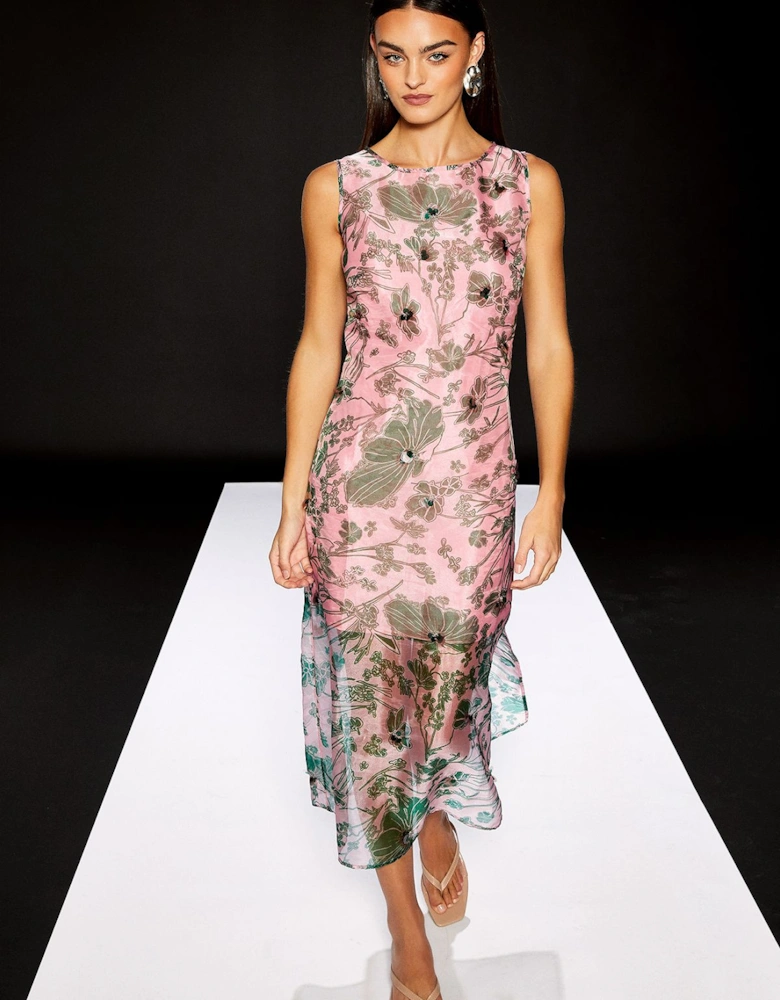 Sleeveless Organza Printed Column Dress