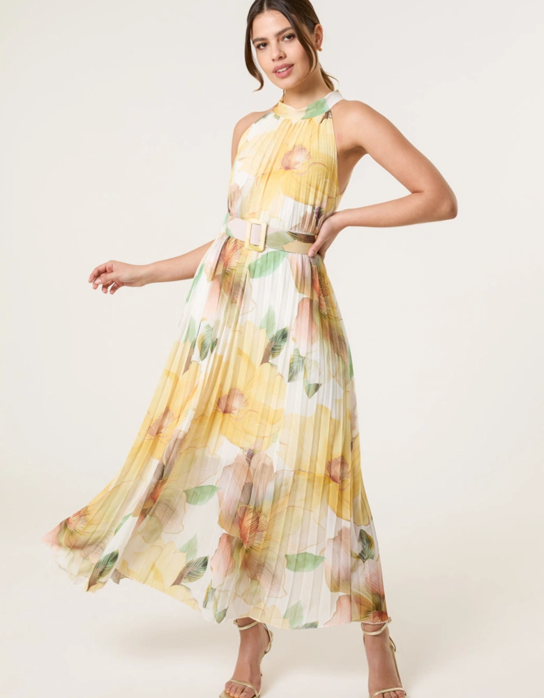 Lemon Flower Print Pleated Swirl Dress