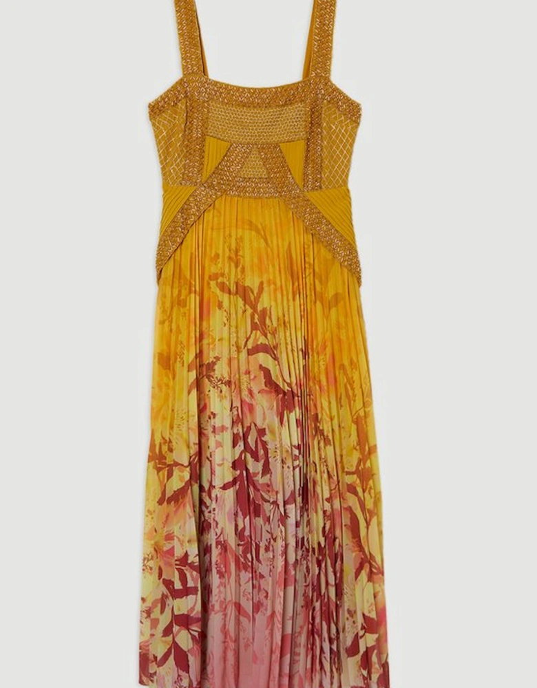 Embellished Ombre Floral Pleated Woven Maxi Dress