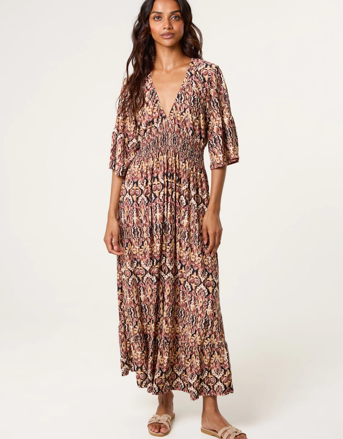 Brown Elasticated Neck Shirred Waist Midi Dress, 2 of 1