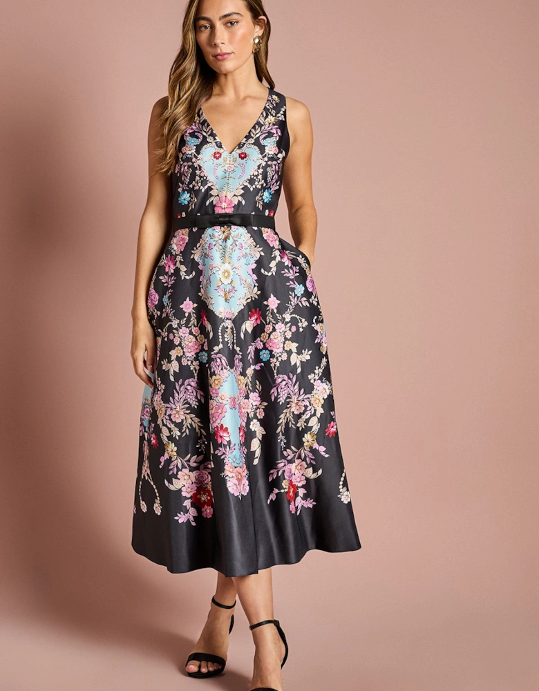 V Neck Placement Print Full Skirted Midi Dress