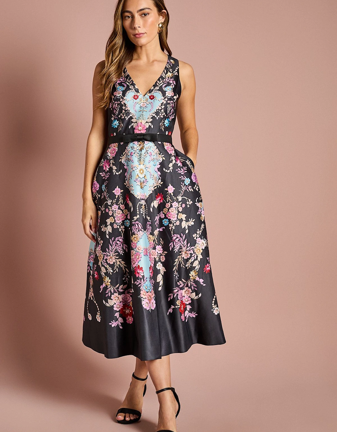 V Neck Placement Print Full Skirted Midi Dress, 2 of 1
