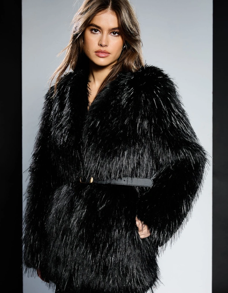 Shaggy Faux Fur Belt Detail Coat