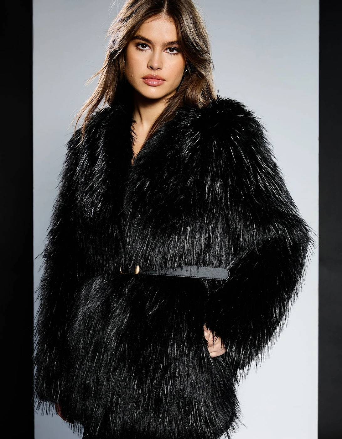 Shaggy Faux Fur Belt Detail Coat, 2 of 1