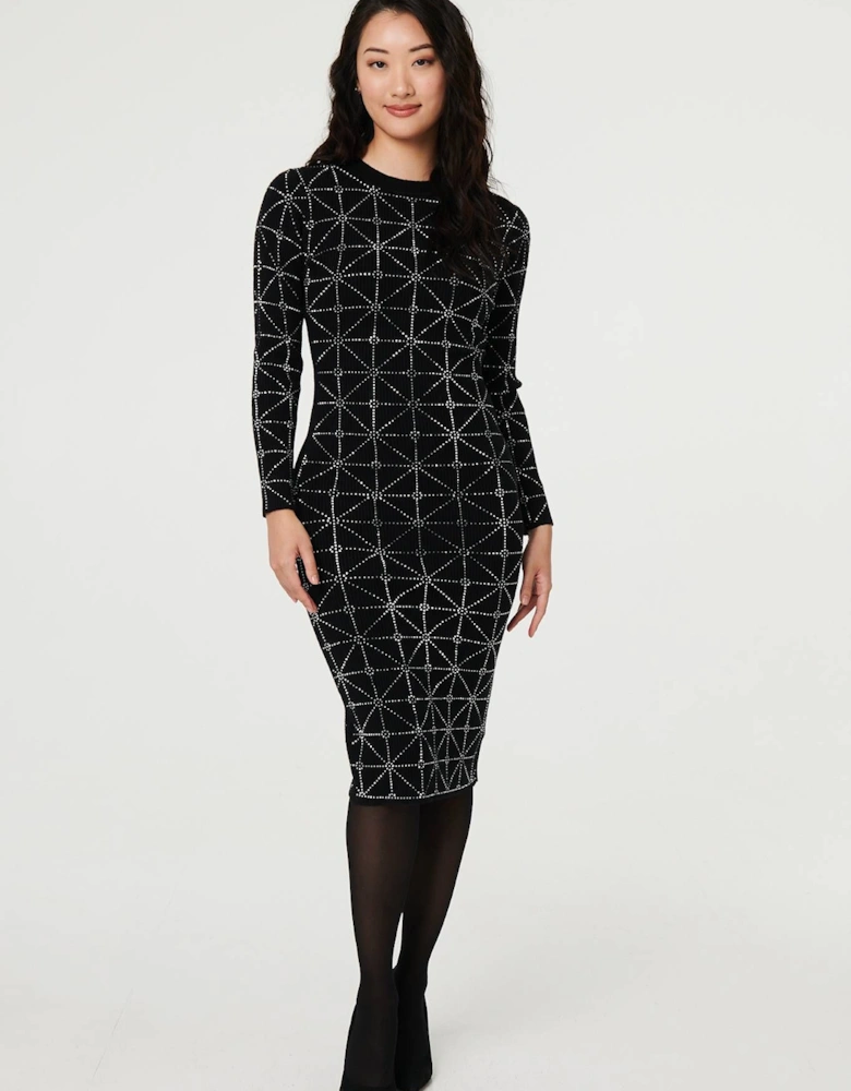 Geo Diamante Detail Slim Knit Midi Dress
