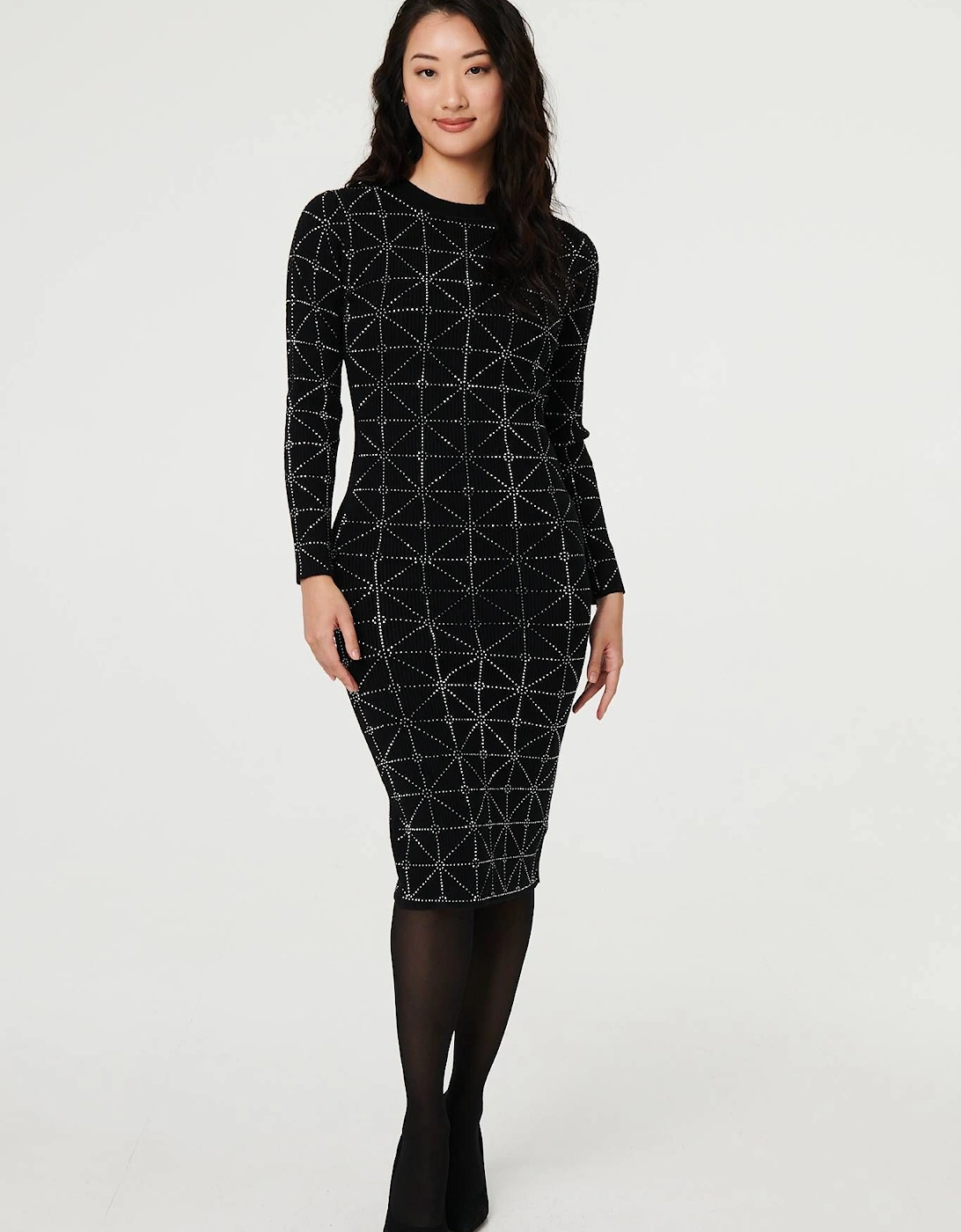 Geo Diamante Detail Slim Knit Midi Dress, 2 of 1