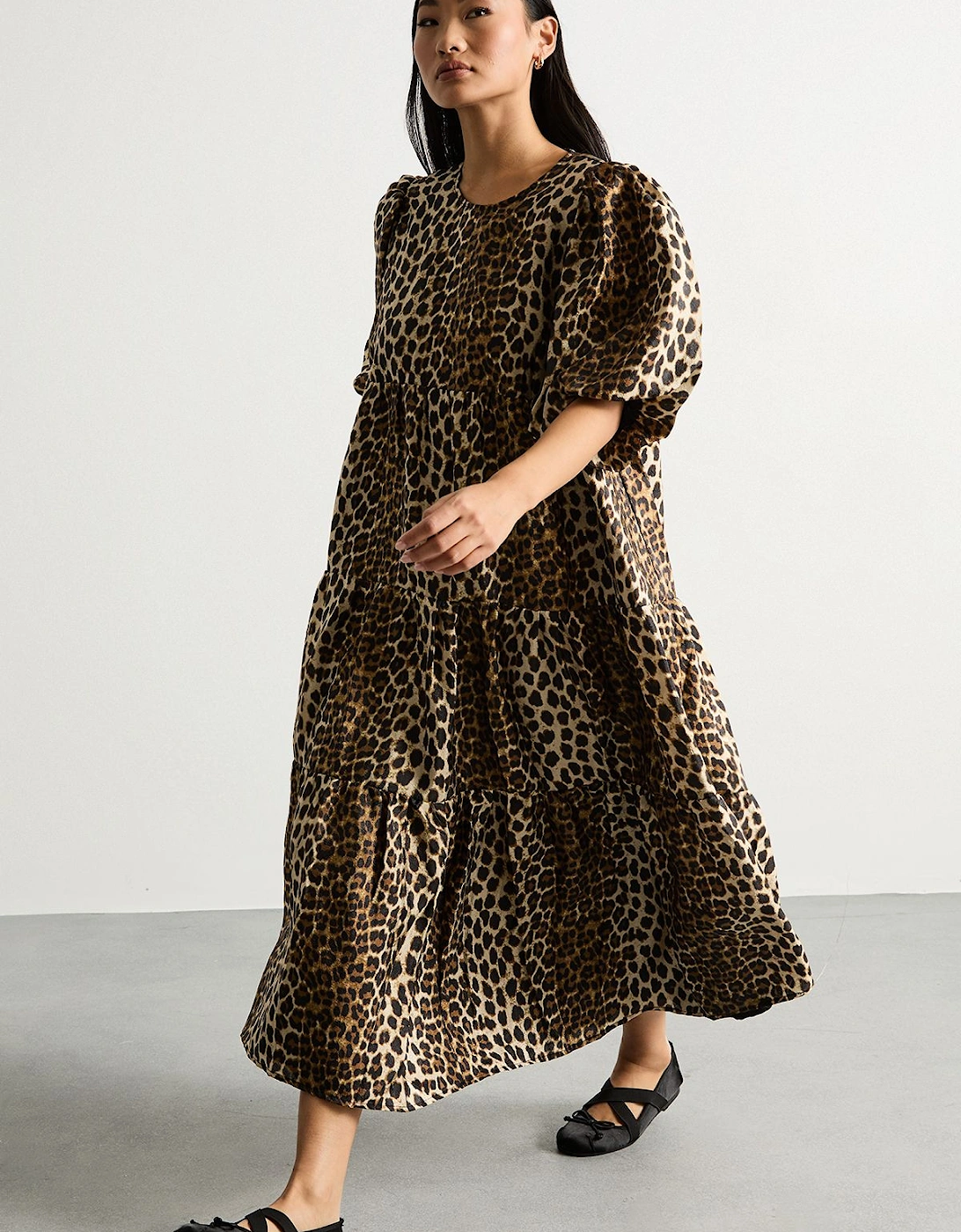 Petite Animal Organza Puff Sleeve Midi Smock Dress, 2 of 1