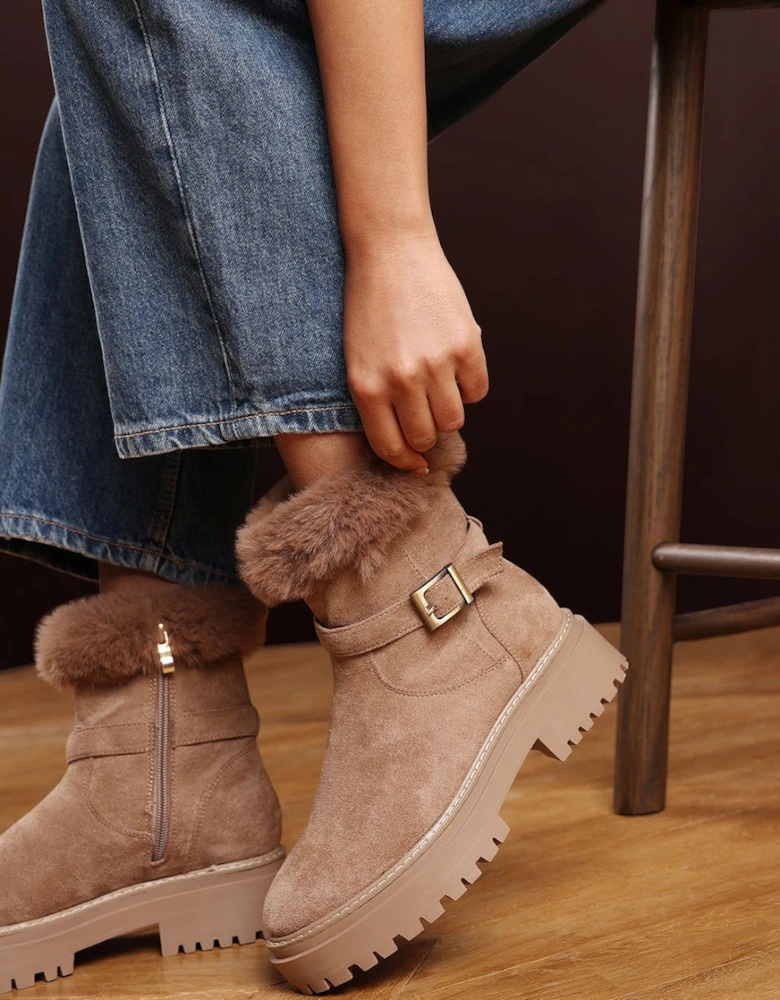 'Rayne' Suede Low Heel Ankle Boots with Faux Fur Cuff Buckle Detail