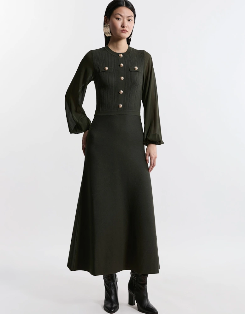 Tall Viscose Blend Maxi Knit Dress With Chiffon Sleeve Military Trim