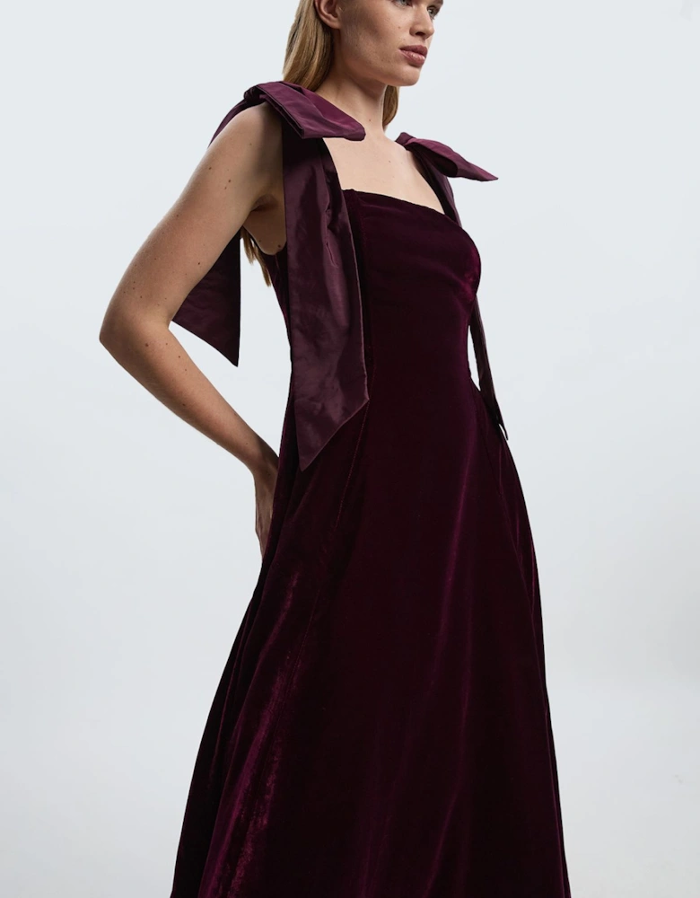 Petite Velvet Bardot Woven Prom Midaxi Dress With Taffeta Bow