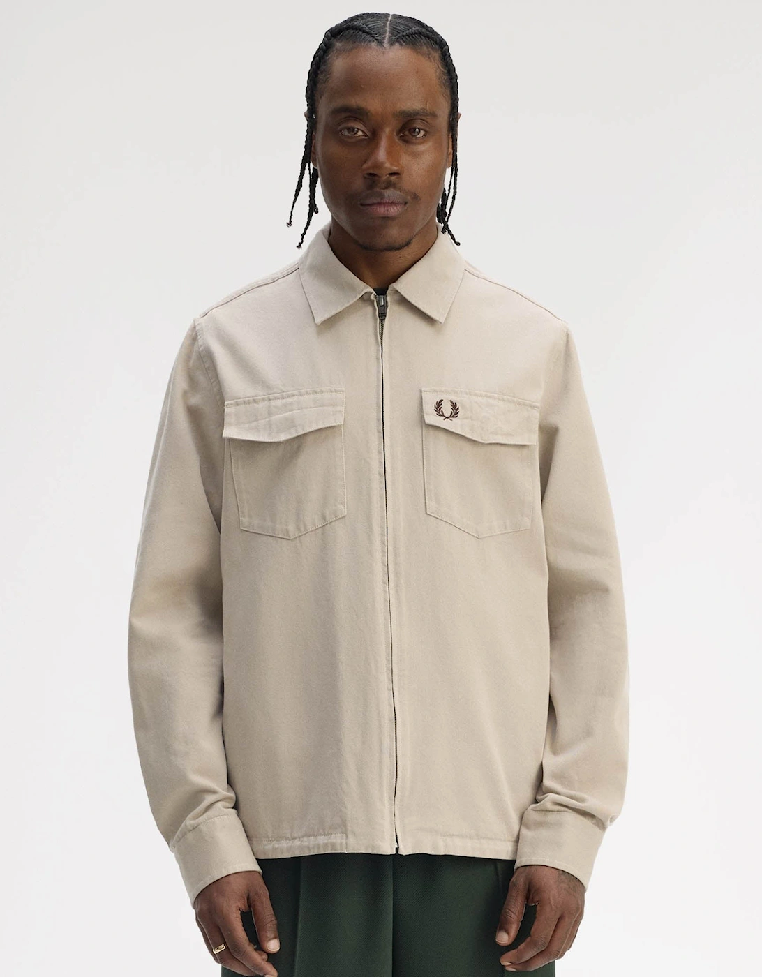 Men's Fred Perry Mens Twill Zip Through Overshirt - Warm Oat Z19 - Navy - Size: XL