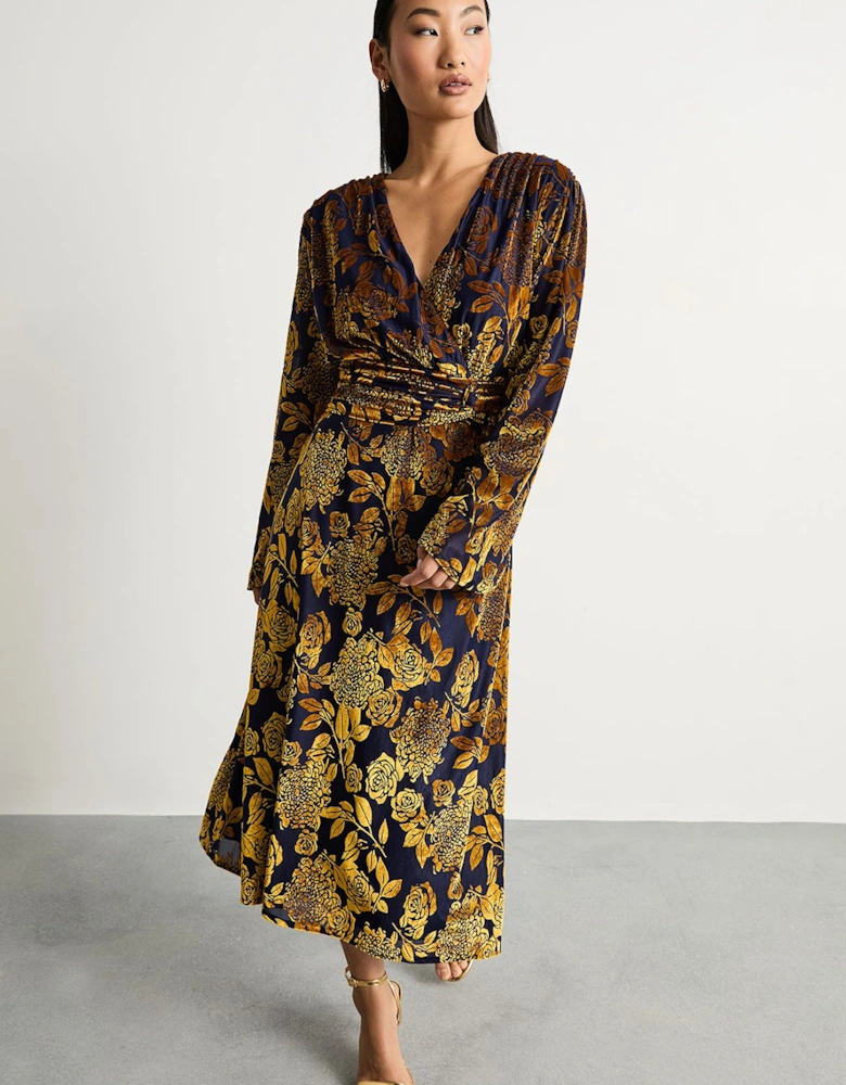 Petite Devore Plunge Neck Knot Waist Balloon Sleeve Midi Dress