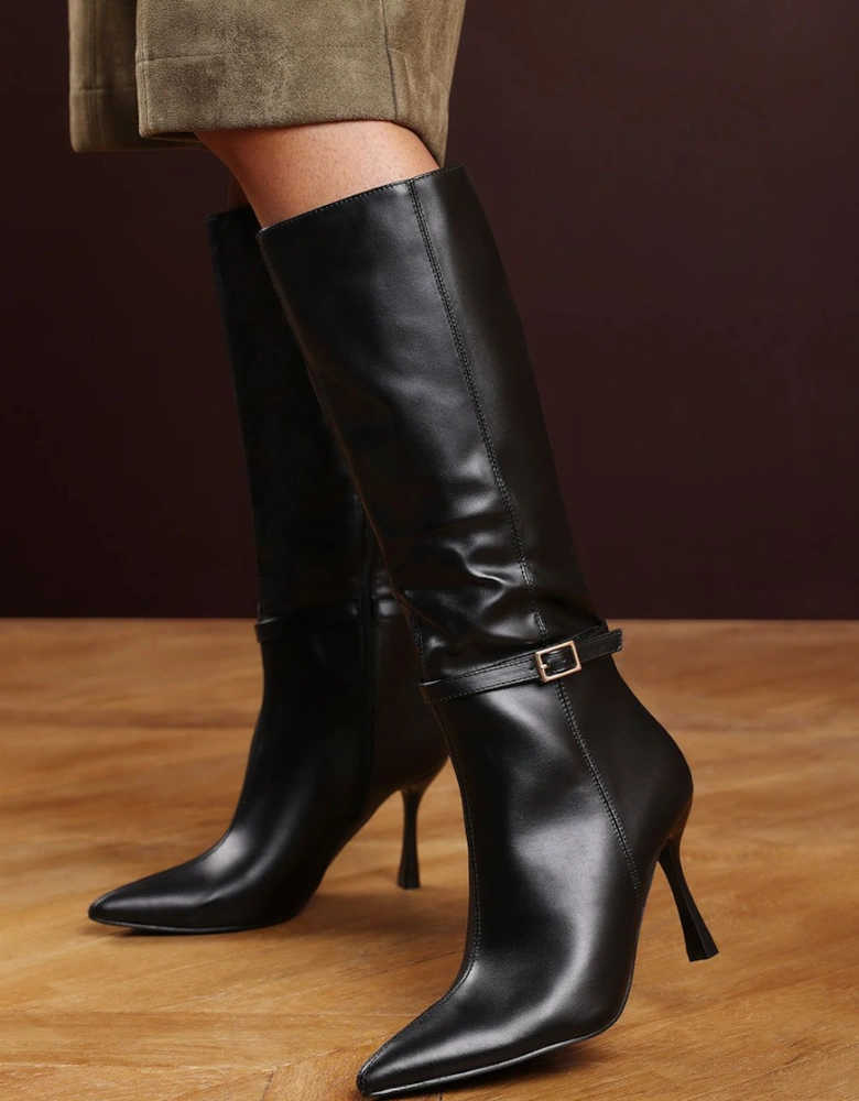 'Giada' Pointed Toe Knee High Stiletto Heel Boots with Side Buckle