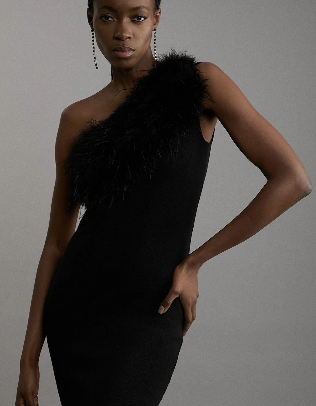 One Shoulder Feather Detail Viscose Blend Knit Mini Dress, 2 of 1