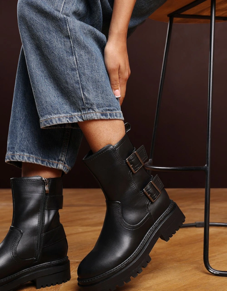 'Quora' Mid Calf Low Heel Chunky Biker Boots with Double Buckle Strap