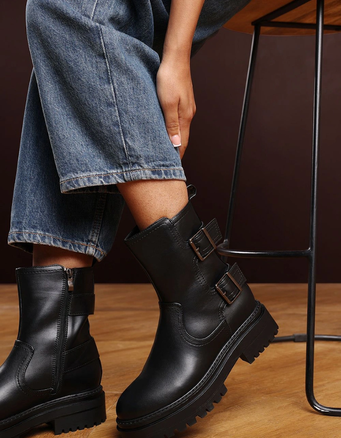 'Quora' Mid Calf Low Heel Chunky Biker Boots with Double Buckle Strap, 2 of 1