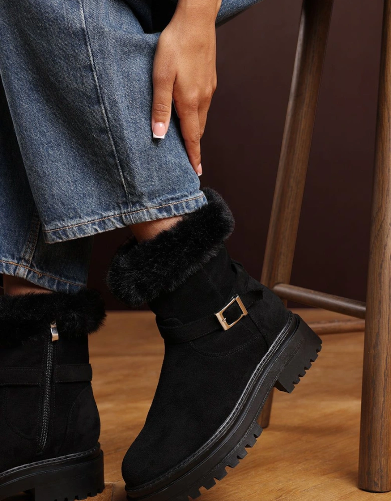 'Rayne' Suede Low Heel Ankle Boots with Faux Fur Cuff Buckle Detail