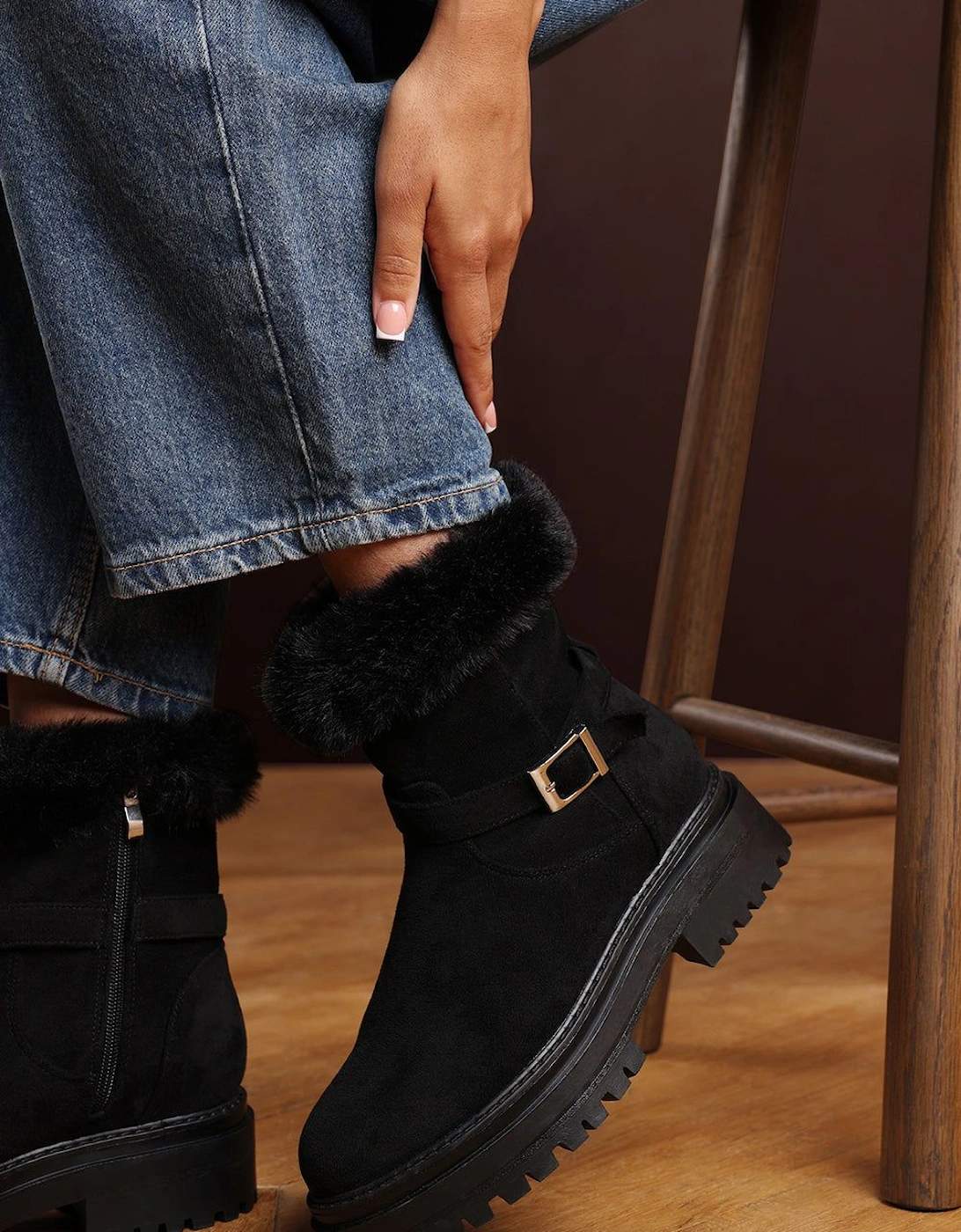 'Rayne' Suede Low Heel Ankle Boots with Faux Fur Cuff Buckle Detail, 2 of 1