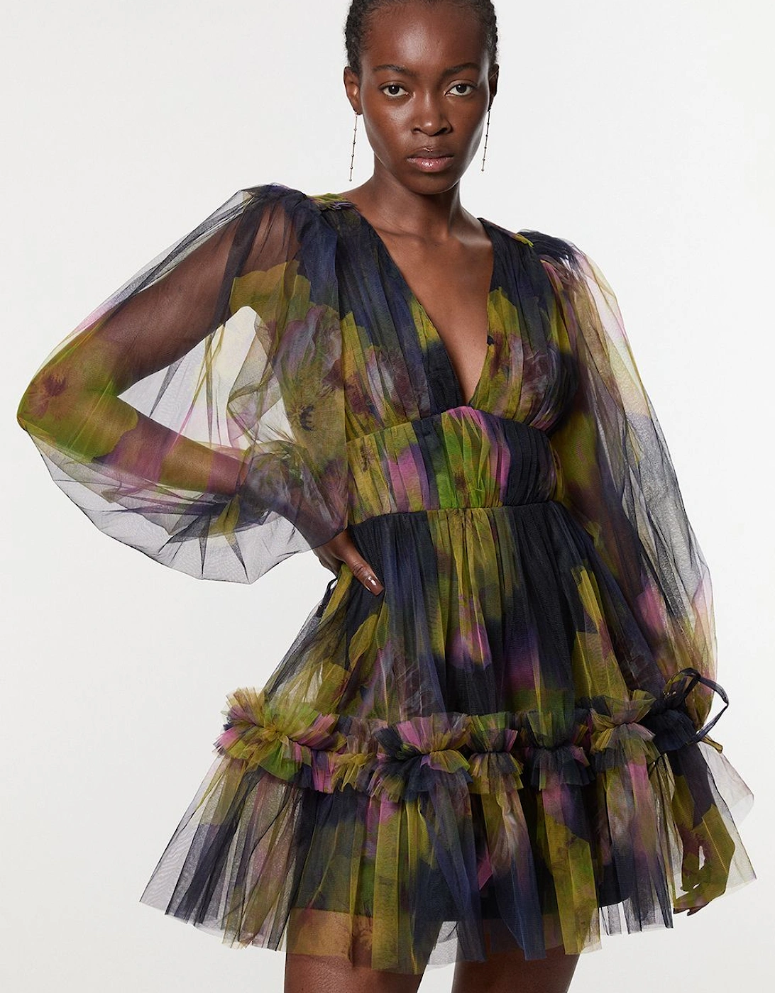 Floral Tulle Plunge Woven Mini Dress, 2 of 1