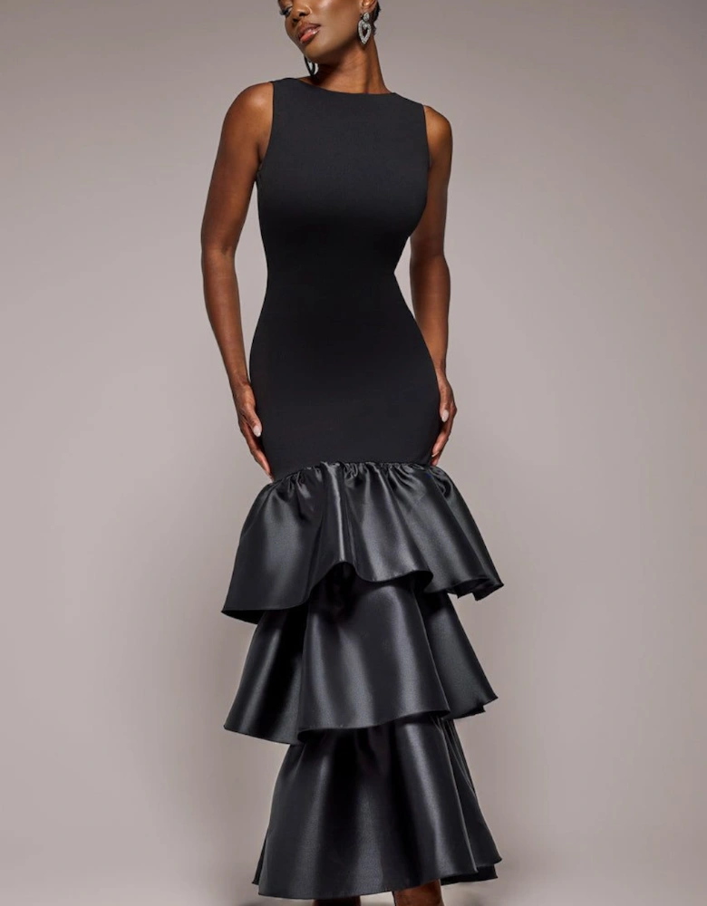 Boat Neck Satin & Scuba Crepe Tiered Maxi Dress