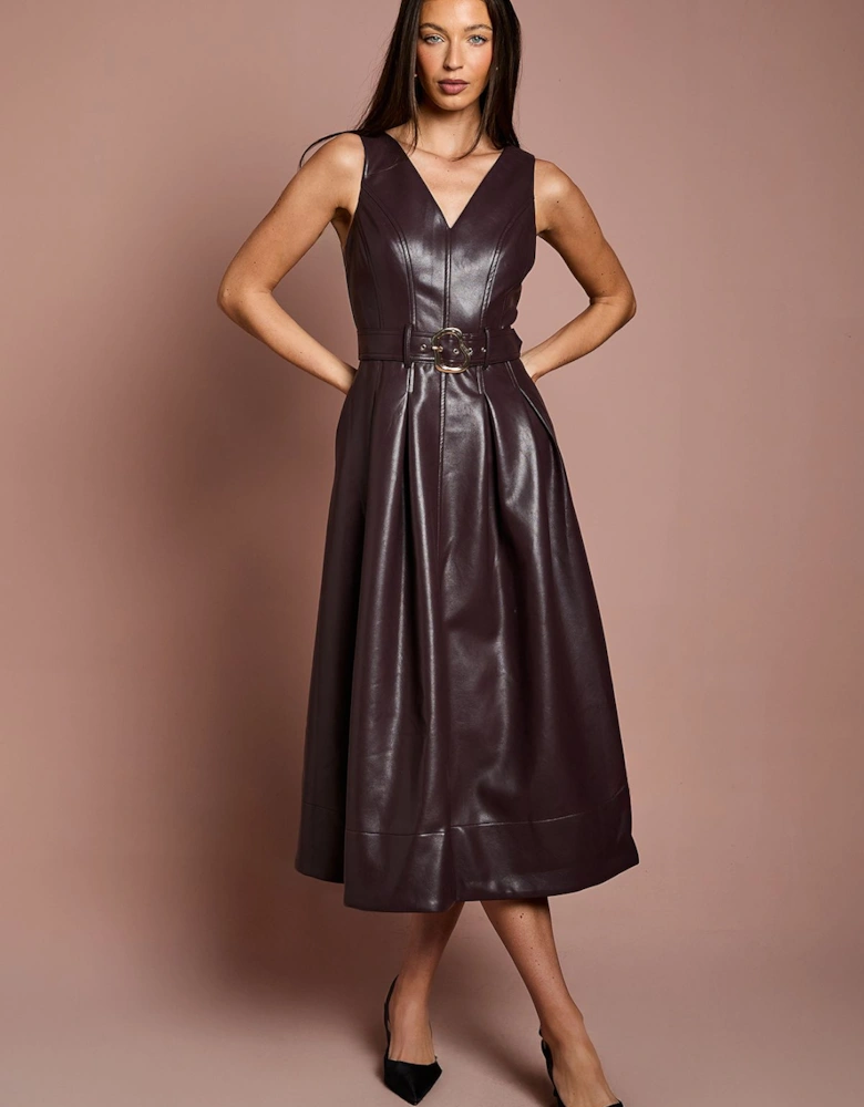 V Neck Sleeveless PU Dress With Belt