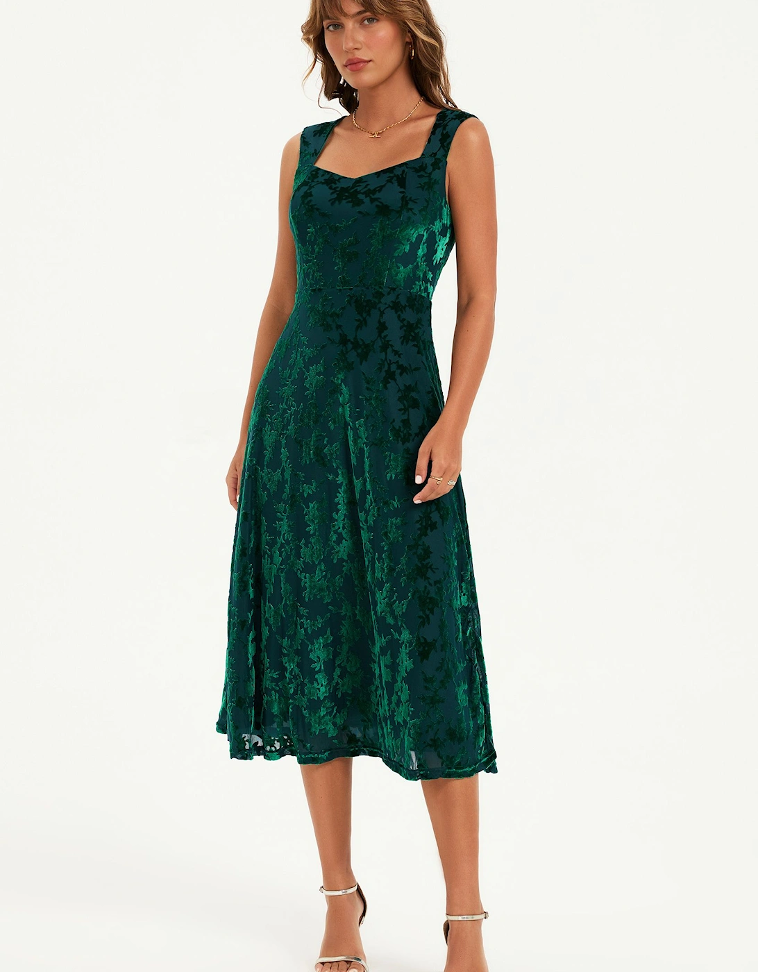 Floral Velvet Devore Sweetheart Neck Midi Dress In Green, 2 of 1