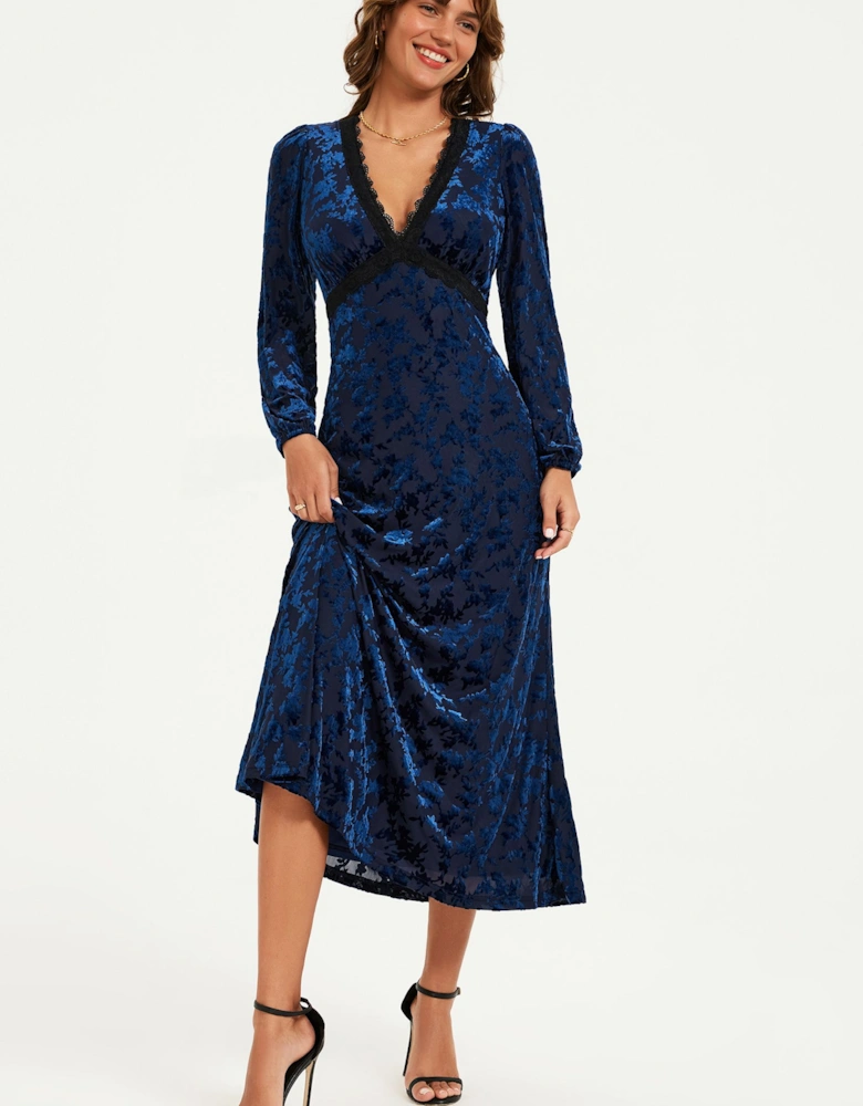 Floral Velvet Devore Lace Trim Neckline Midi Dress In Navy