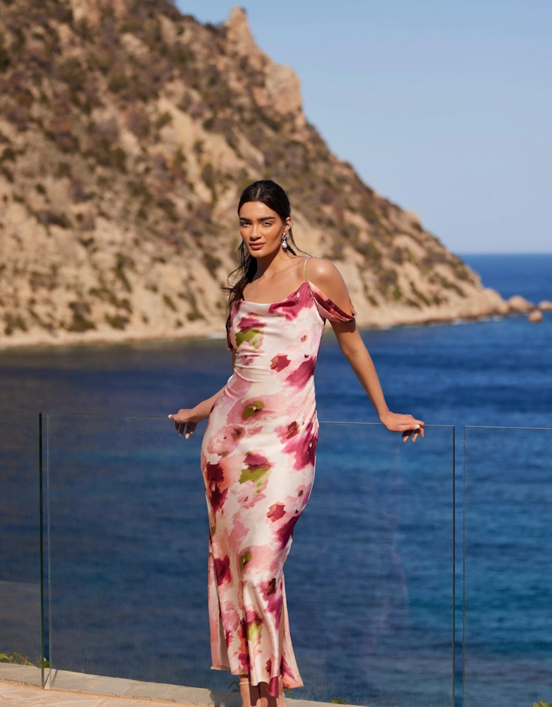 Pink Marble Print Drop Shoulder Maxi Dress