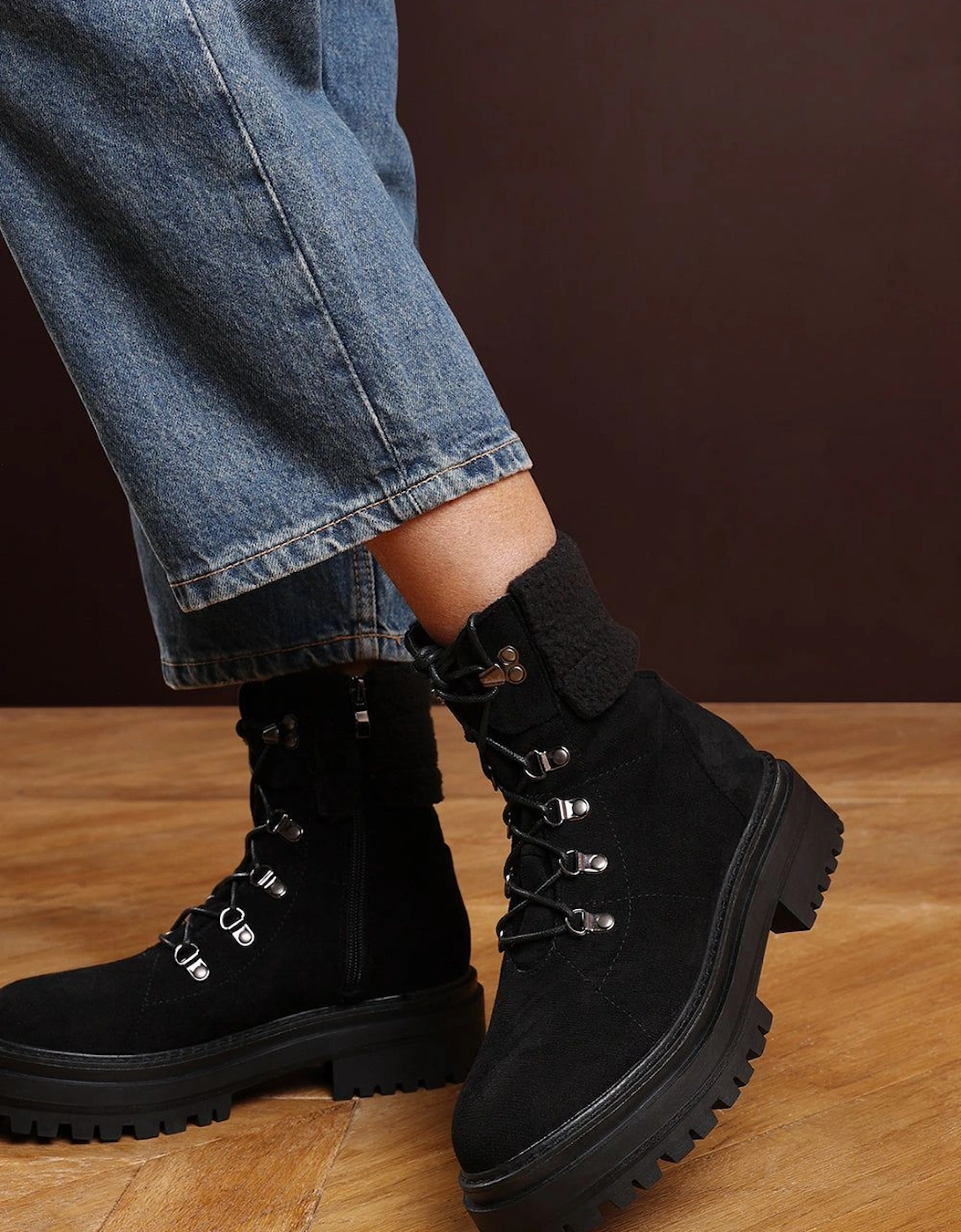 'Una' Suede Lace-Up Ankle Boots with Faux Fur Trim and Chunky Sole, 2 of 1